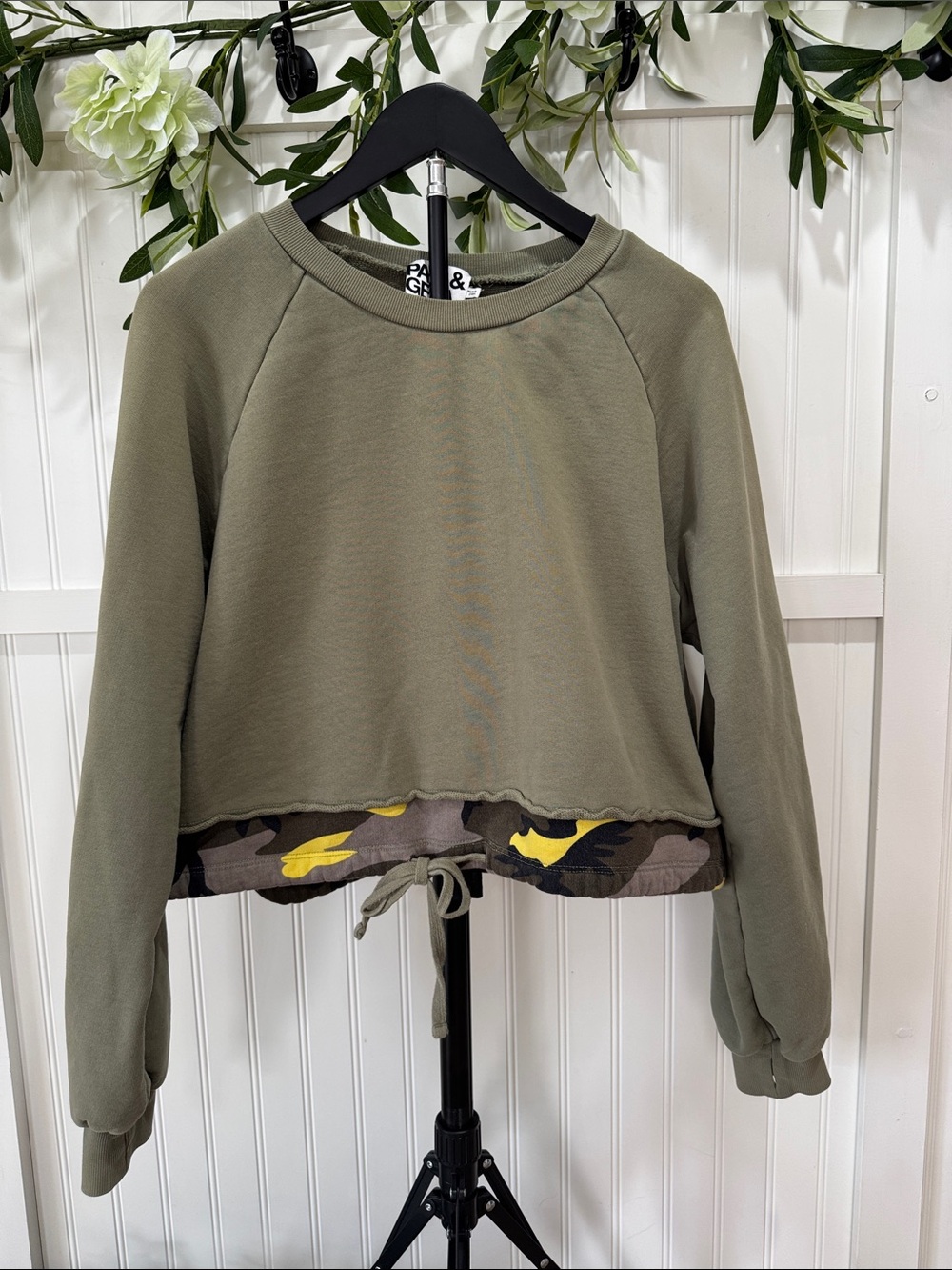#704 PAM & GELA Olive Cropped Sweatshirt with Yellow Camo Accent and Drawstring